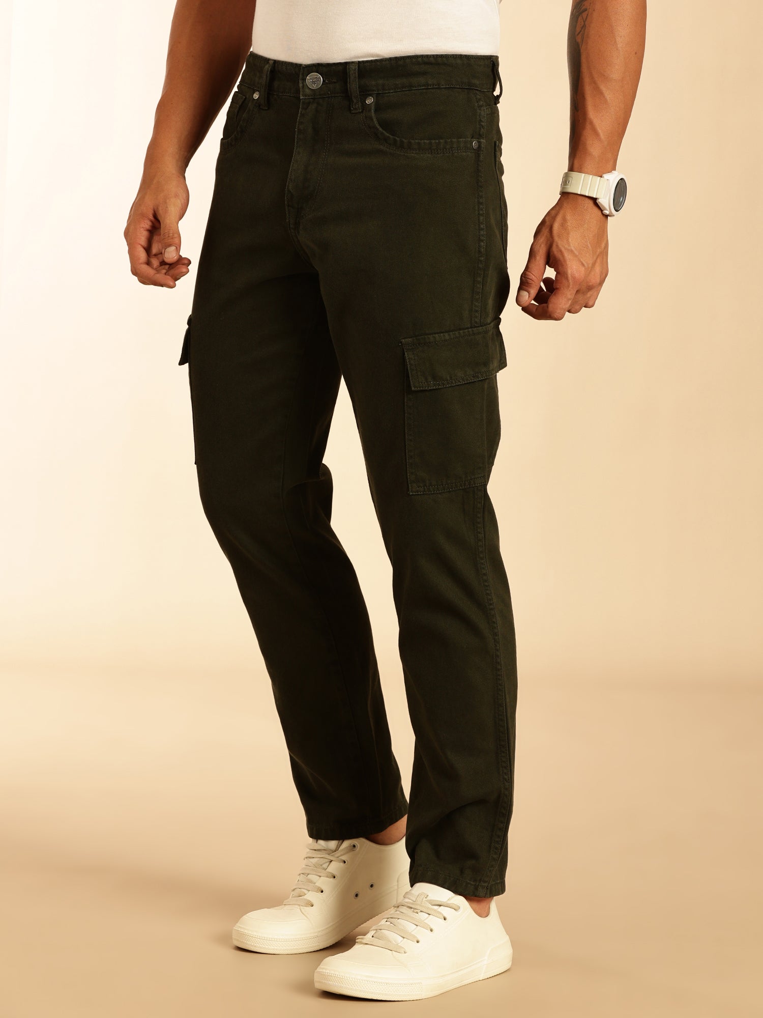 Thomas Scott Men Dark Green Loose Fit Mid-Rise Non Stretchable Cargo Jeans