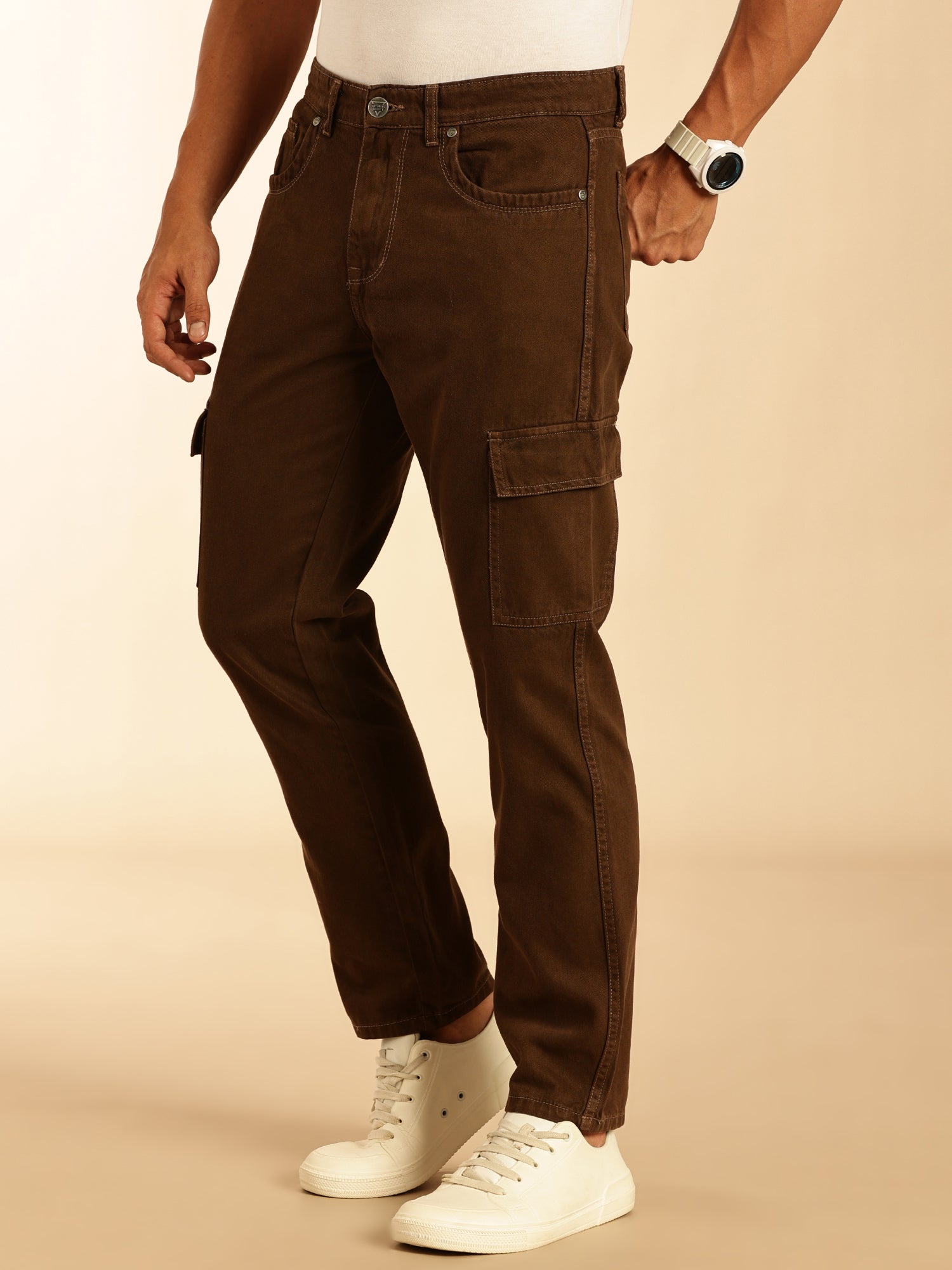 Thomas Scott Men Brown Loose Fit Mid-Rise Non Stretchable Cargo Jeans