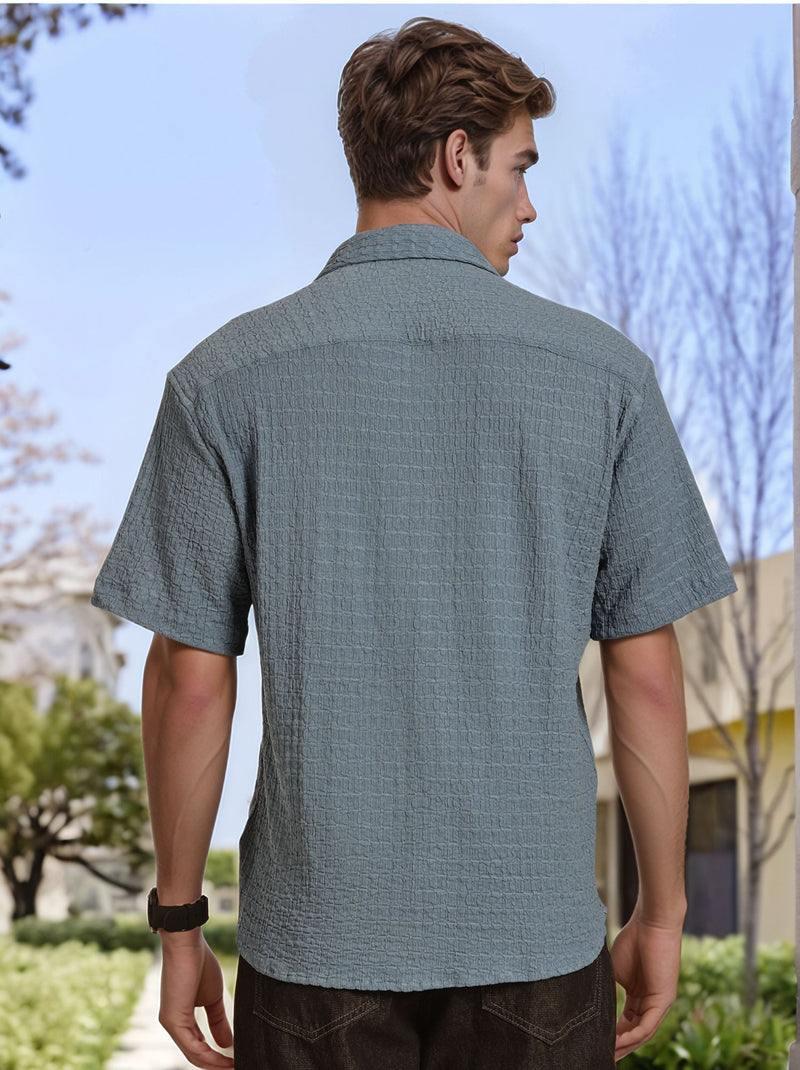 Thomas Scott Men Blue Regular Fit Short Sleeves Cuban Collar Seersucker Shirt
