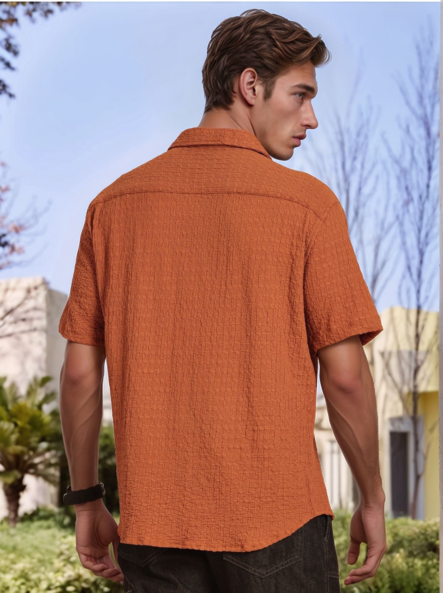 Thomas Scott Men Brown Regular Fit Short Sleeves Cuban Collar Seersucker Shirt