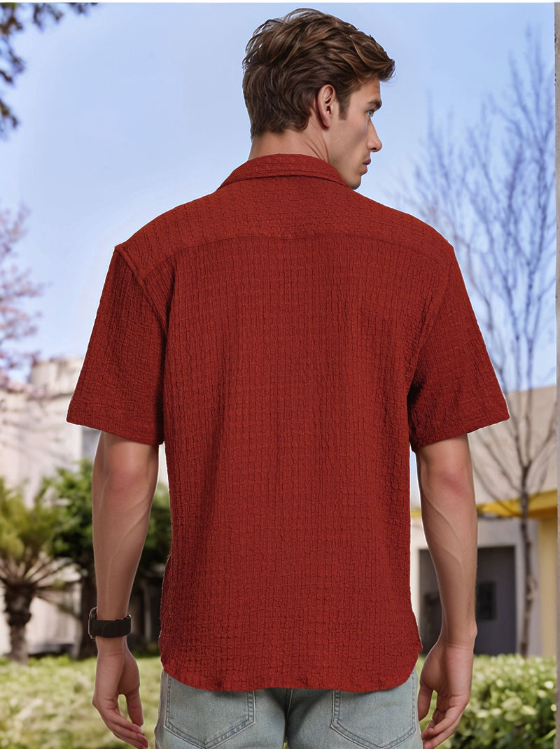 Thomas Scott Men Rust Regular Fit Short Sleeves Cuban Collar Seersucker Shirt