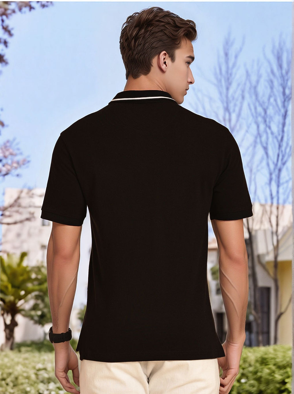 Thomas Scott Men Black Regular Fit Short Sleeves Knitted Polo Collar T-shirt
