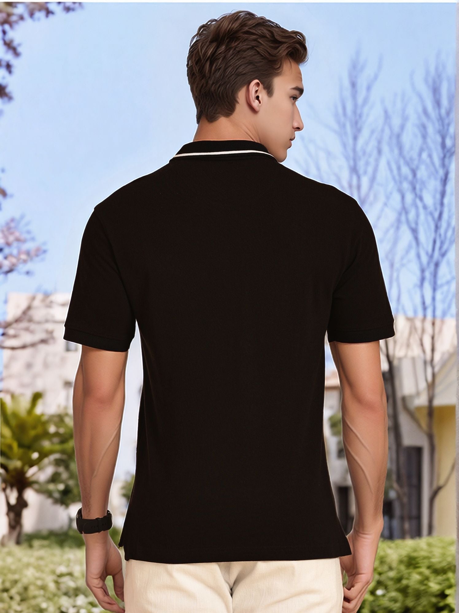 Thomas Scott Men Black Regular Fit Short Sleeves Knitted Polo Collar T-shirt
