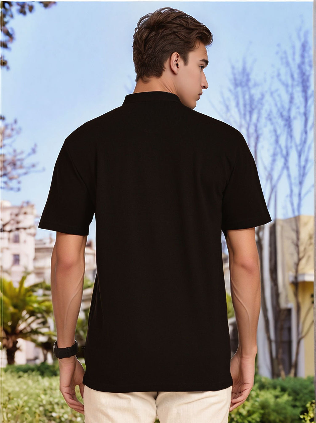 Thomas Scott Men Black Regular Fit Short Sleeves Mandarin Collar Knitted Tshirt