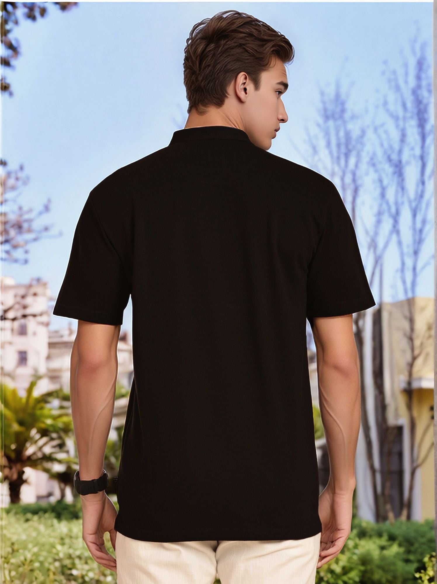Thomas Scott Men Black Regular Fit Short Sleeves Mandarin Collar Knitted Tshirt