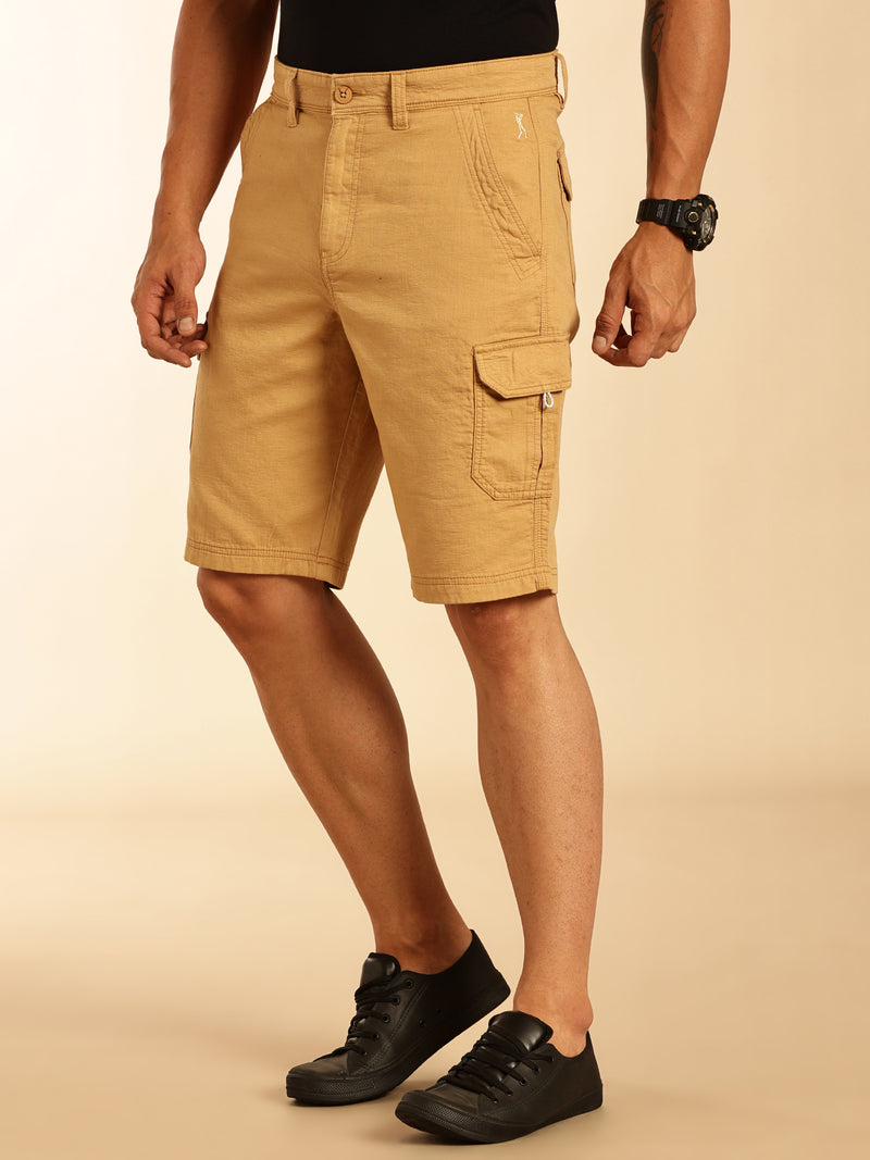 Thomas Scott Men Khaki Straight Fit Mid Rise Solid Cargo Shorts