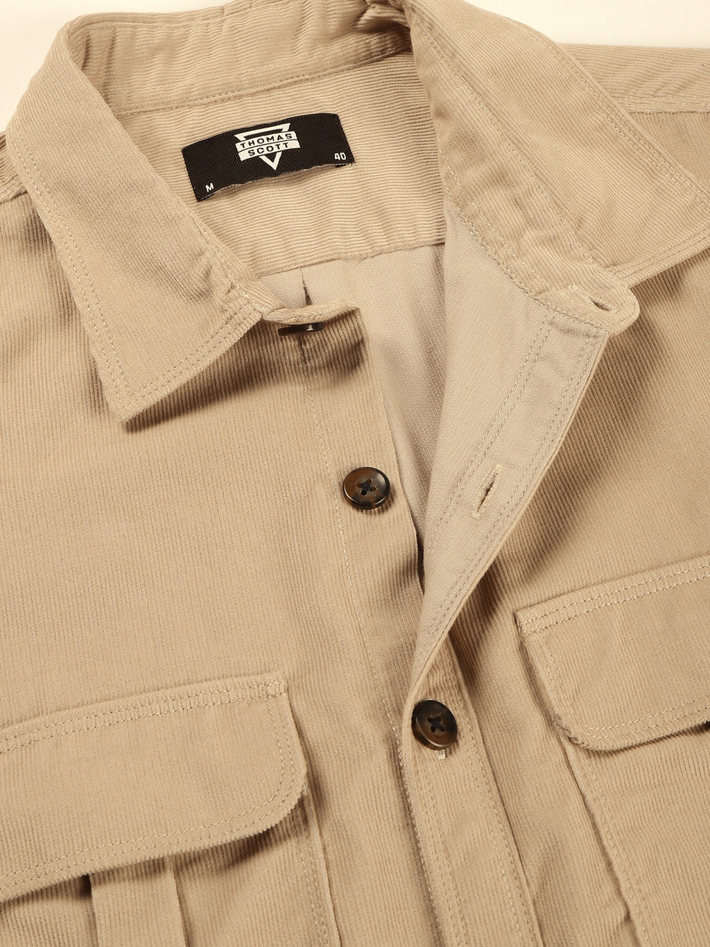 Thomas Scott Men Cream Slim Fit Long Sleeves Corduroy Casual Shirt
