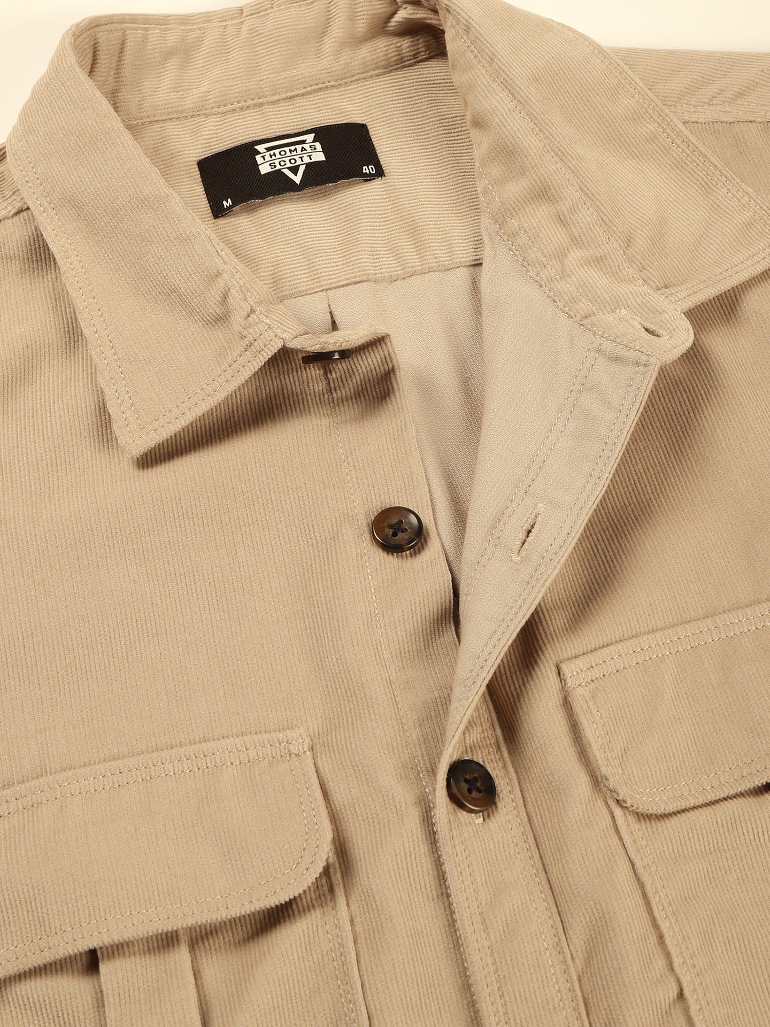 Thomas Scott Men Cream Slim Fit Long Sleeves Corduroy Casual Shirt