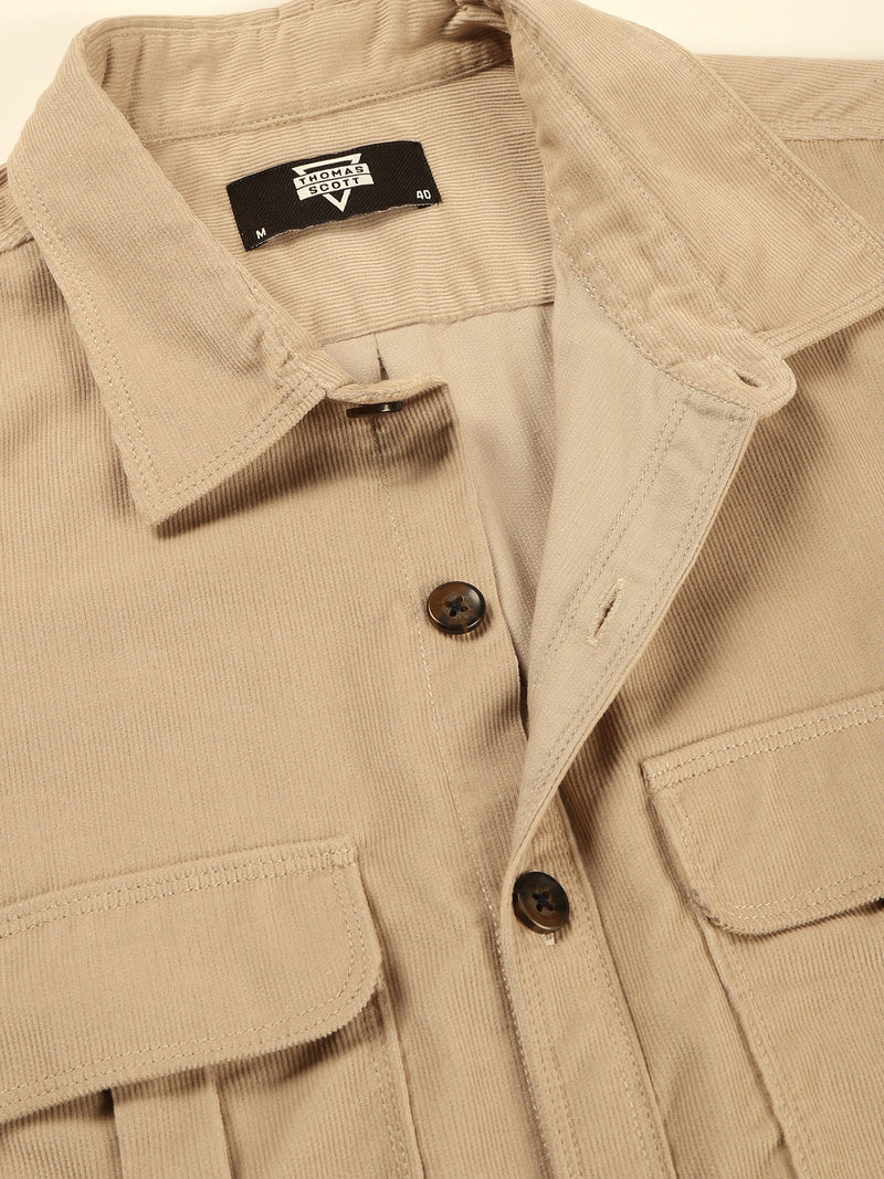 Thomas Scott Men Cream Slim Fit Long Sleeves Corduroy Casual Shirt