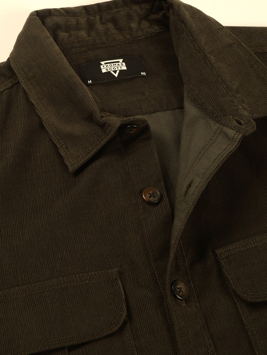 Thomas Scott Men Olive Slim Fit Long Sleeves Corduroy Casual Shirt