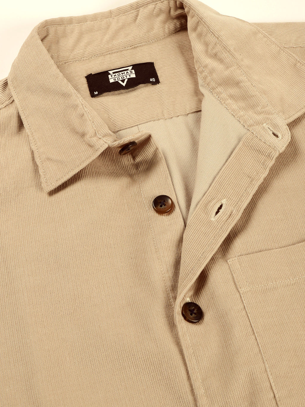 Thomas Scott Men Cream Slim Fit Long Sleeves Corduroy Casual Shirt