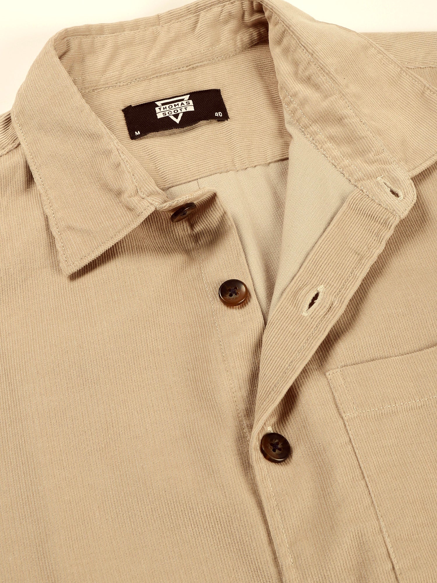 Thomas Scott Men Cream Slim Fit Long Sleeves Corduroy Casual Shirt