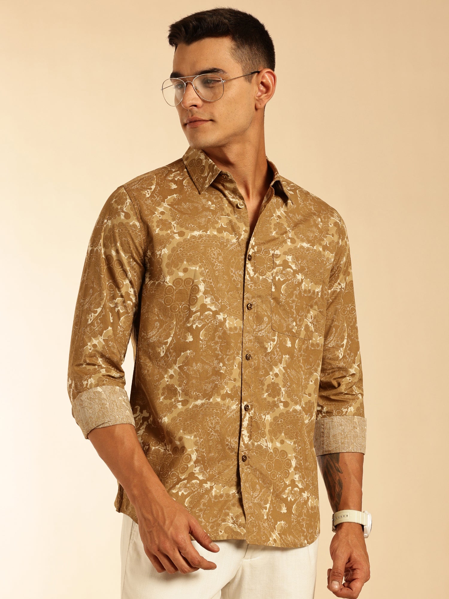 Thomas Scott Men Olive Regular Fit Long Sleeves Abstract Printed Pure Cotton Casual Shirt