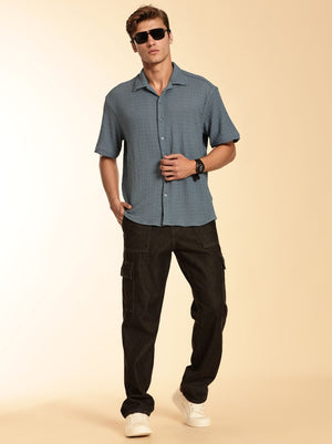Thomas Scott Men Blue Regular Fit Short Sleeves Cuban Collar Seersucker Shirt