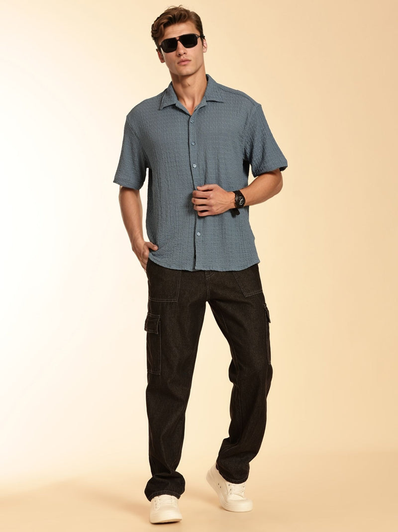 Thomas Scott Men Blue Regular Fit Short Sleeves Cuban Collar Seersucker Shirt