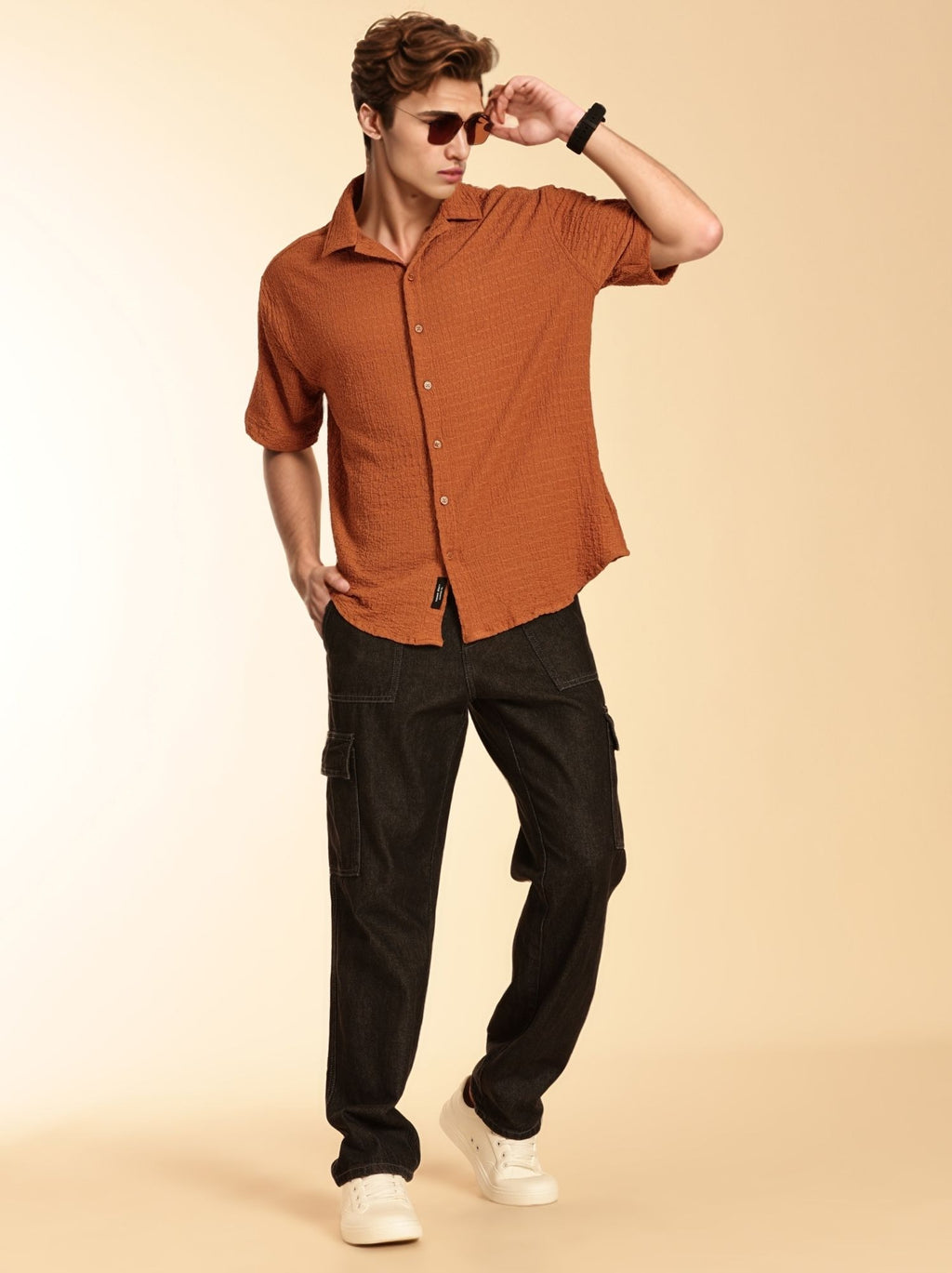 Thomas Scott Men Brown Regular Fit Short Sleeves Cuban Collar Seersucker Shirt