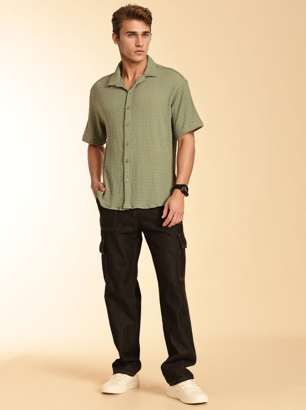 Thomas Scott Men Green Regular Fit Short Sleeves Cuban Collar Seersucker Shirt