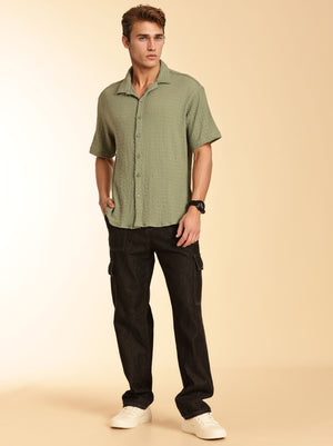 Thomas Scott Men Green Regular Fit Short Sleeves Cuban Collar Seersucker Shirt