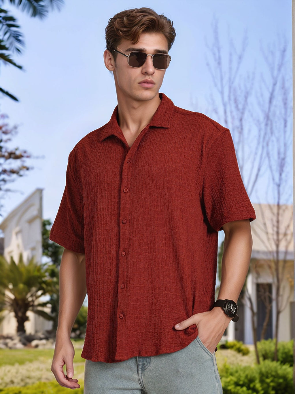Thomas Scott Men Rust Regular Fit Short Sleeves Cuban Collar Seersucker Shirt