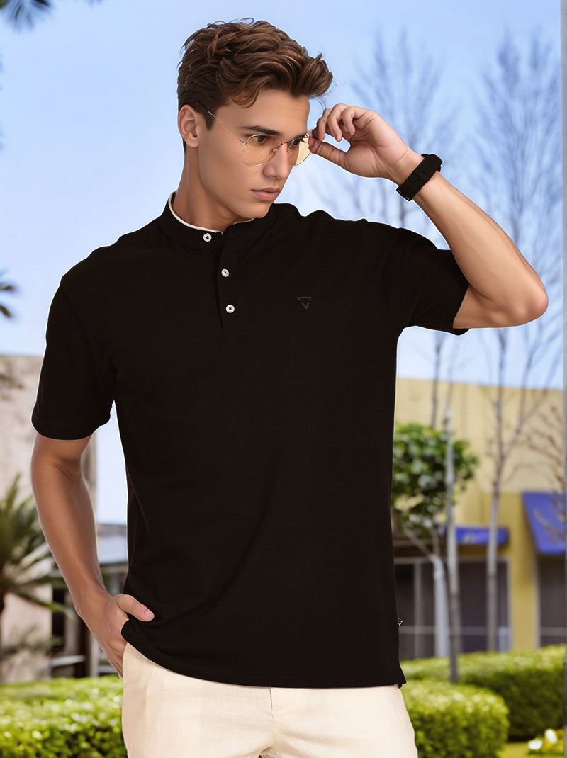 Thomas Scott Men Black Regular Fit Short Sleeves Mandarin Collar Knitted Tshirt