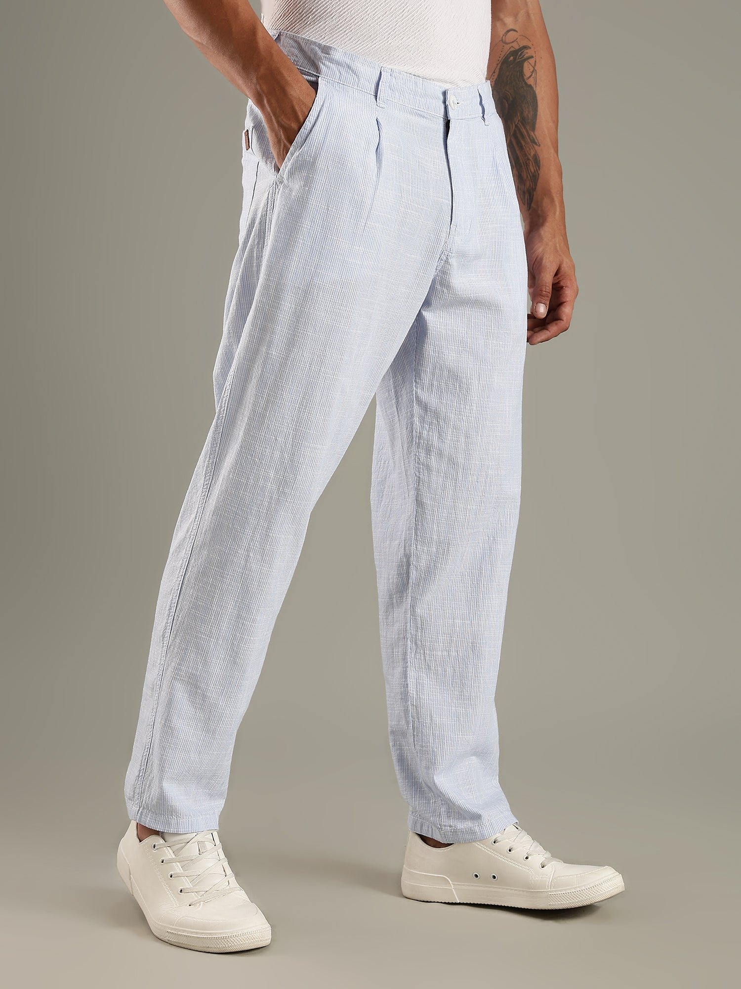 Thomas Scott Men Blue Straight Fit Mid-Rise Sriped Linen Trouser