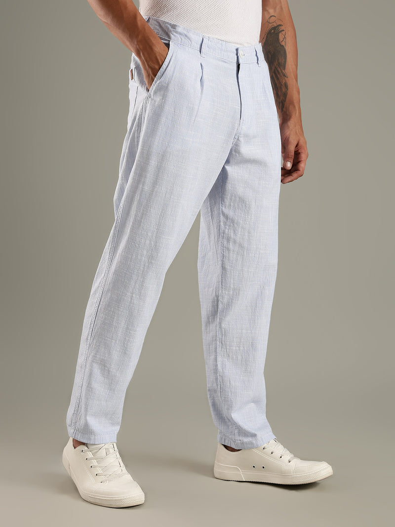Thomas Scott Men Blue Straight Fit Mid-Rise Sriped Linen Trouser