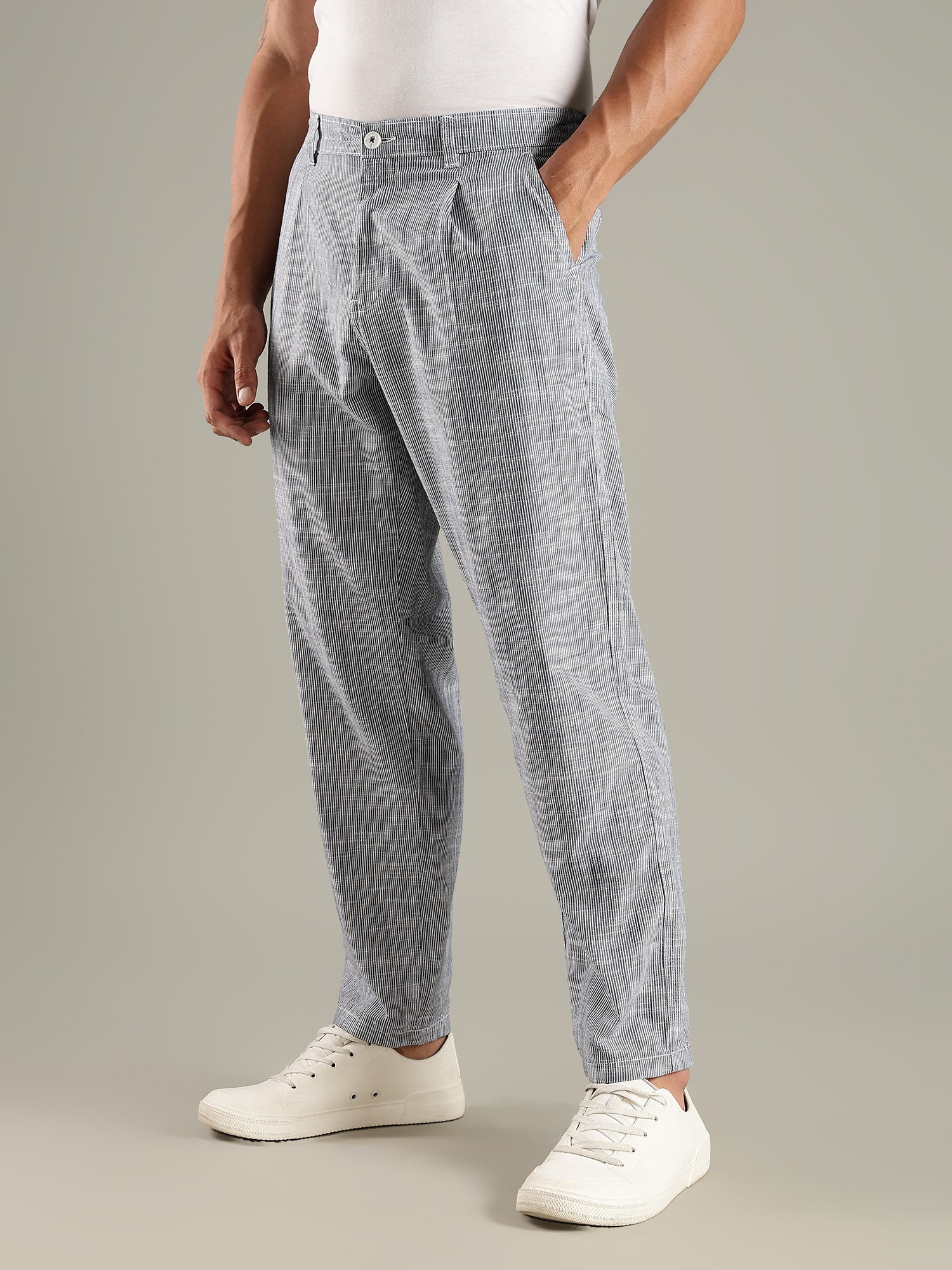 Thomas Scott Men Navy Straight Fit Mid-Rise Sriped Linen Trouser