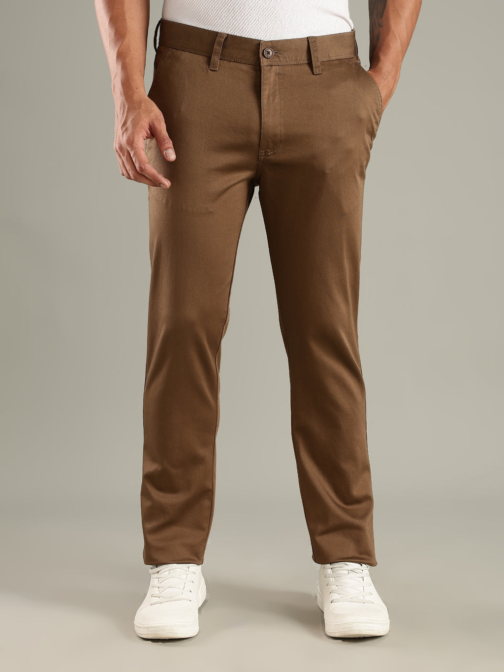 Thomas Scott Men Khaki Straight Fit Mid-Rise Solid Chinos Trouser