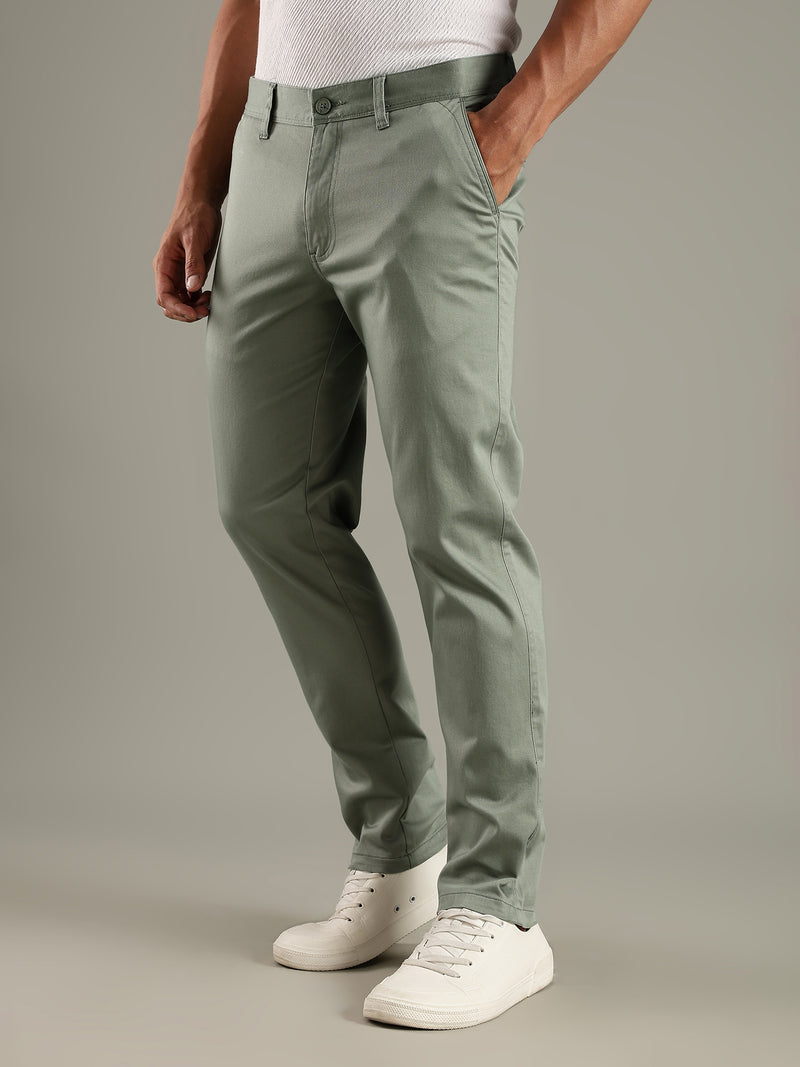 Thomas Scott Men Olive Straight Fit Mid-Rise Solid Chinos Trouser