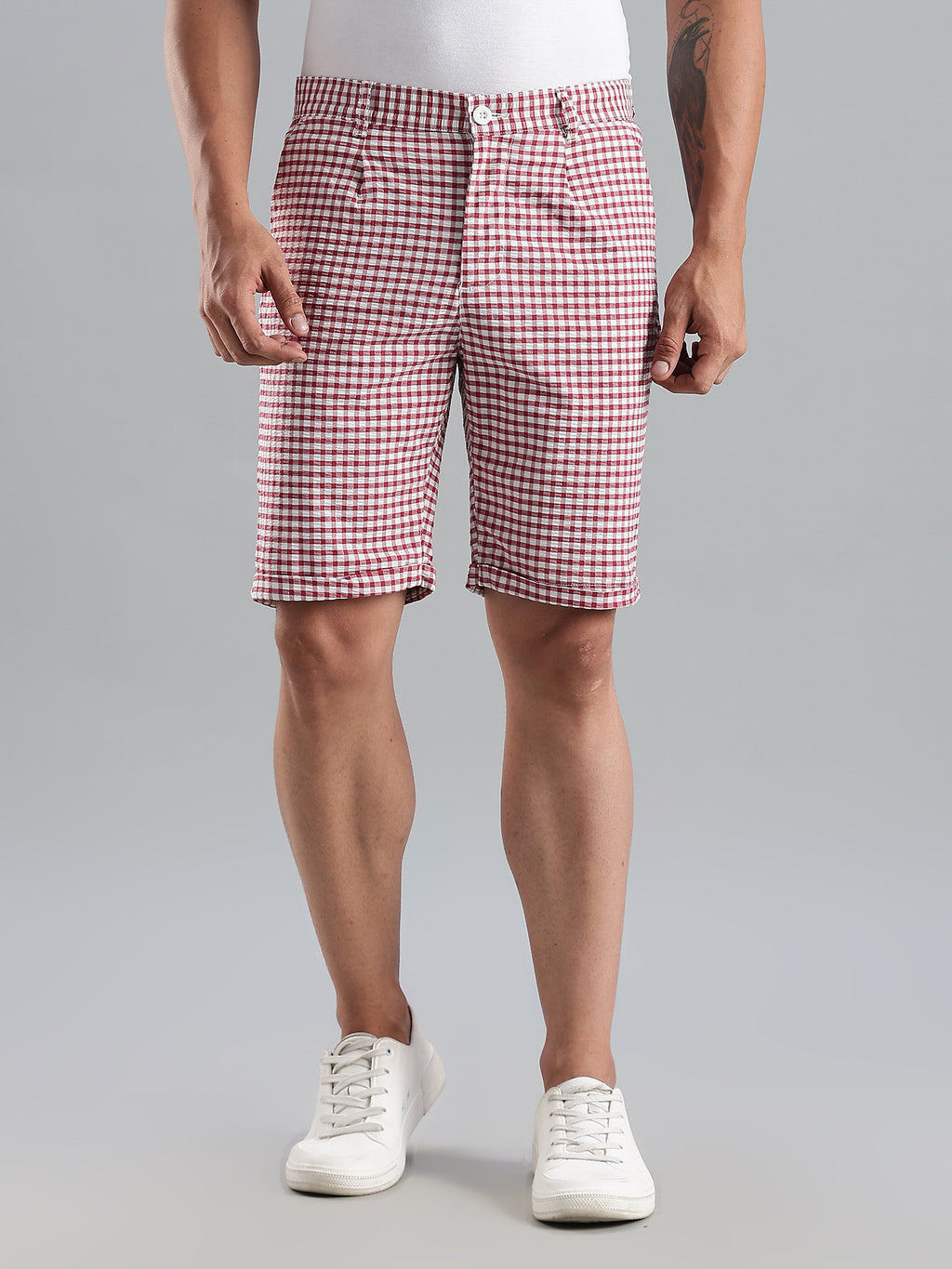 Thomas Scott Men Red Mid-Rise Regular Fit Gingham Checks Cotton Shorts