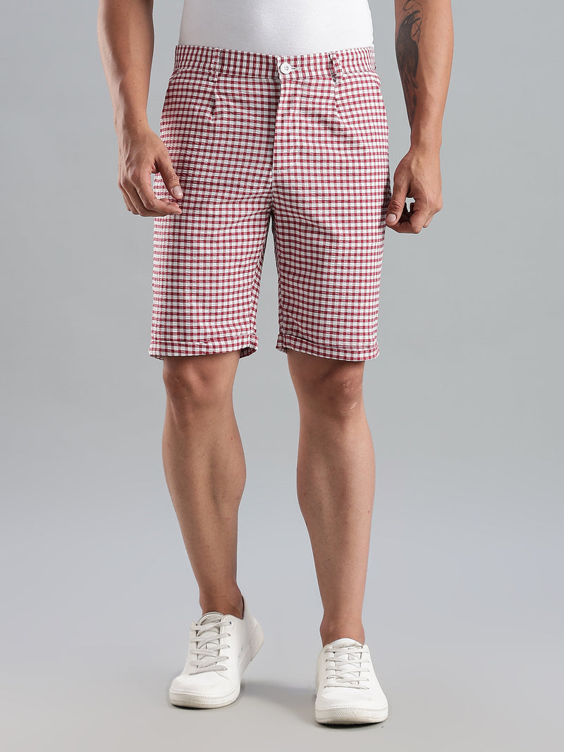 Thomas Scott Men Red Mid-Rise Regular Fit Gingham Checks Cotton Shorts