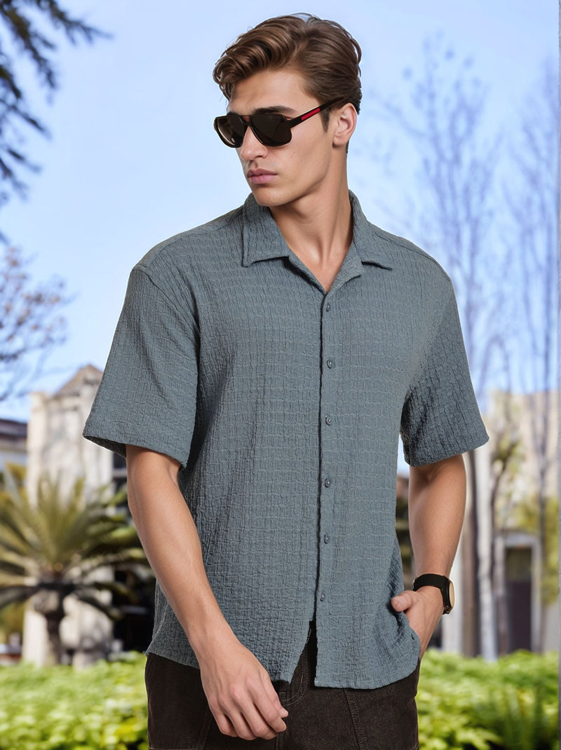Thomas Scott Men Blue Regular Fit Short Sleeves Cuban Collar Seersucker Shirt