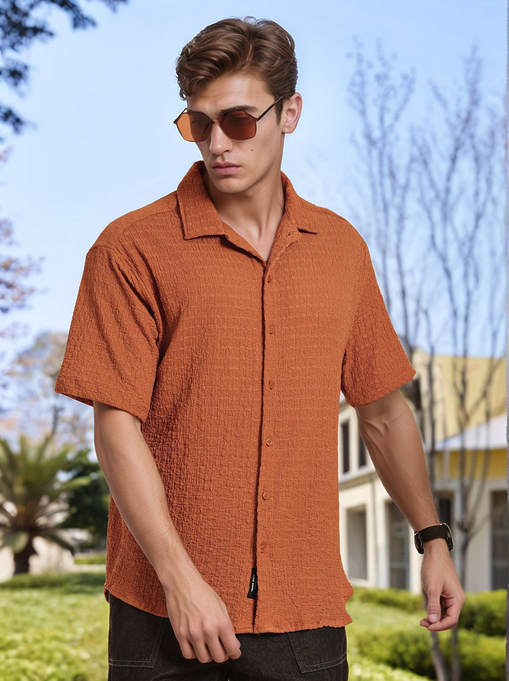 Thomas Scott Men Brown Regular Fit Short Sleeves Cuban Collar Seersucker Shirt