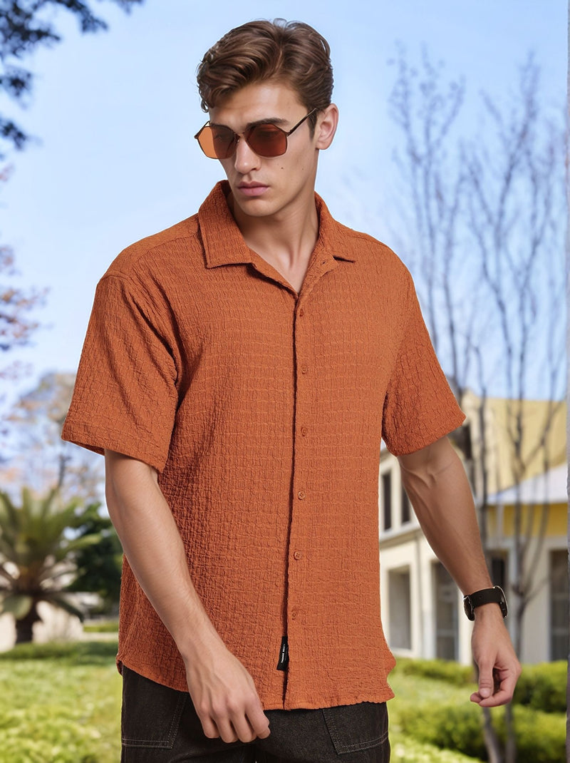 Thomas Scott Men Brown Regular Fit Short Sleeves Cuban Collar Seersucker Shirt