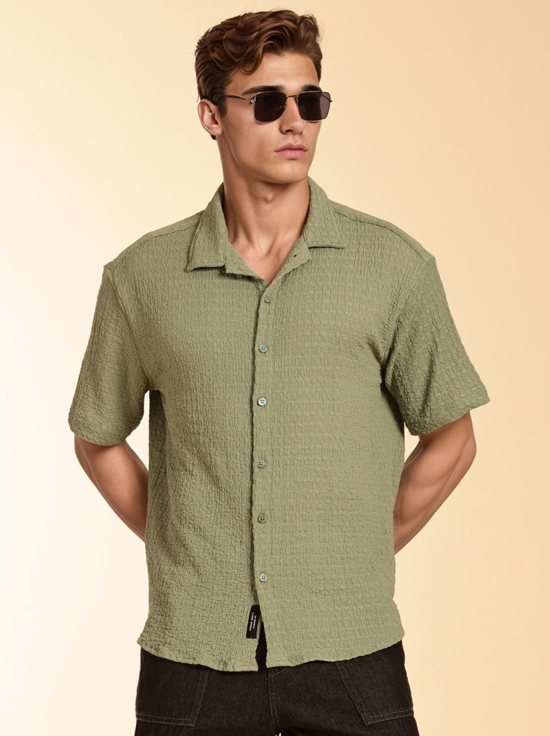 Thomas Scott Men Green Regular Fit Short Sleeves Cuban Collar Seersucker Shirt