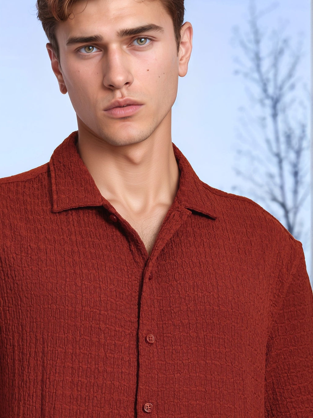 Thomas Scott Men Rust Regular Fit Short Sleeves Cuban Collar Seersucker Shirt