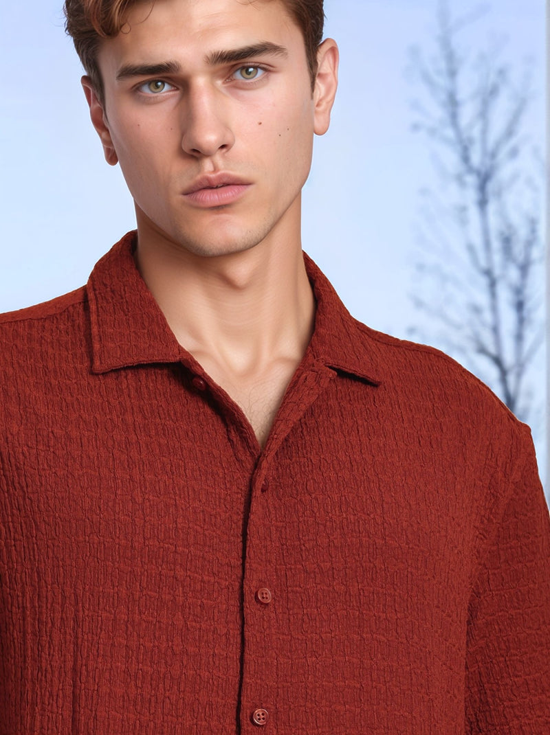 Thomas Scott Men Rust Regular Fit Short Sleeves Cuban Collar Seersucker Shirt