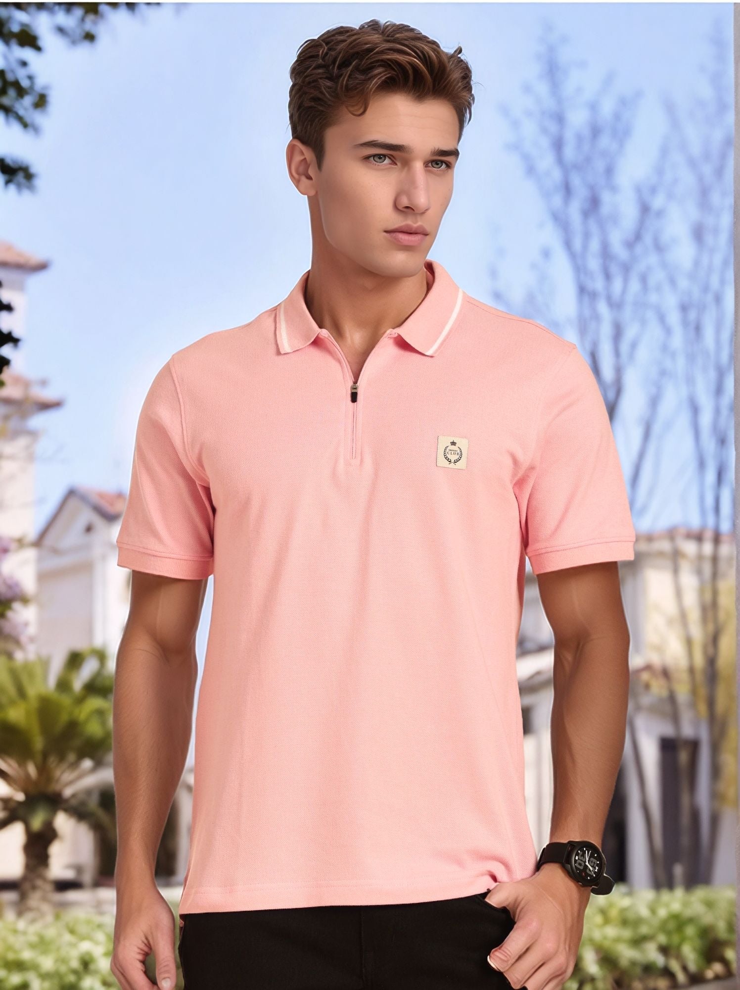 Thomas Scott Men Pink Regular Fit Short Sleeves Knitted Polo Collar T-shirt