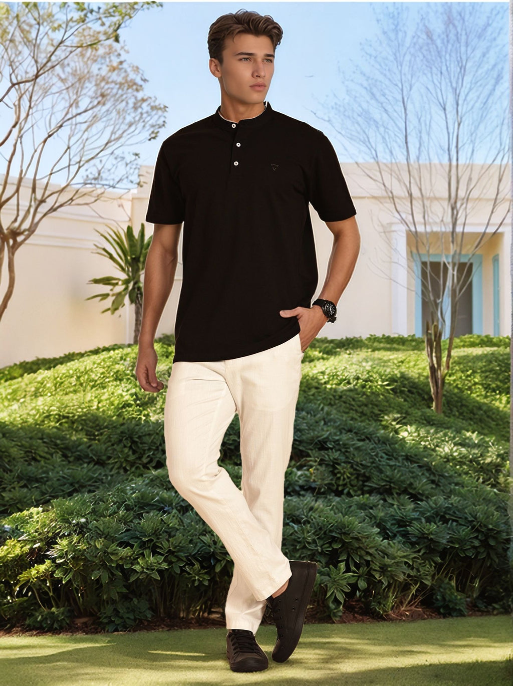 Thomas Scott Men Black Regular Fit Short Sleeves Mandarin Collar Knitted Tshirt