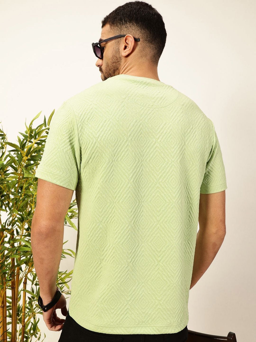 Lime Green Regular Fit Short Sleeves Round Neck Solid Knitted Tshirt For Men