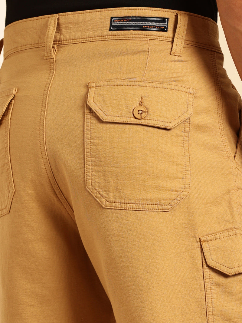 Thomas Scott Men Khaki Straight Fit Mid Rise Solid Cargo Shorts