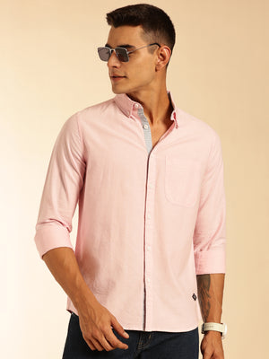 Pink Slim Fit Long Sleeves Button-Down Collar Oxford Casual Shirt For Men