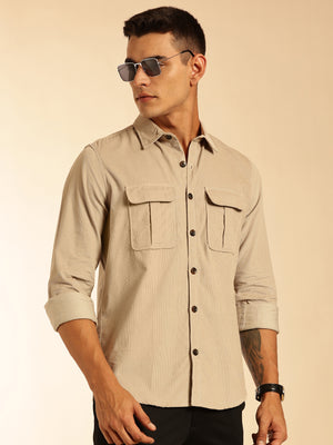Cream Slim Fit Long Sleeves Corduroy Casual Shirt For Men