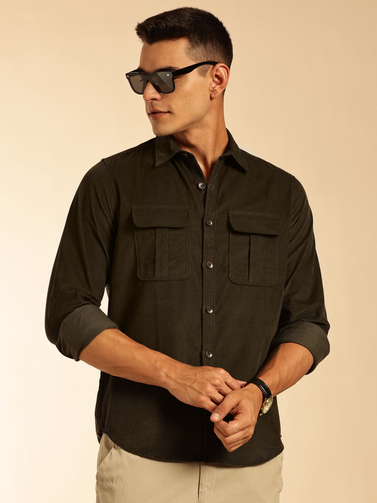 Thomas Scott Men Olive Slim Fit Long Sleeves Corduroy Casual Shirt