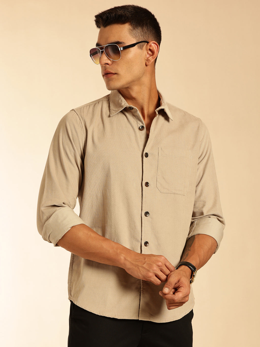 Thomas Scott Men Cream Slim Fit Long Sleeves Corduroy Casual Shirt