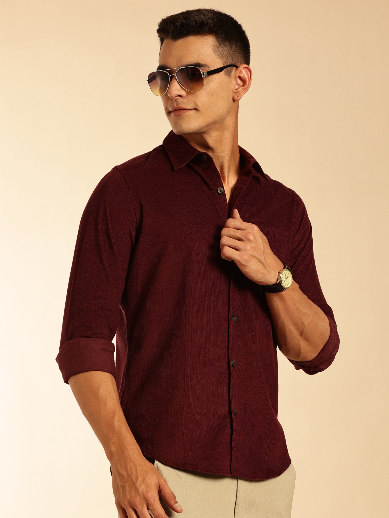 Thomas Scott Men Wine Slim Fit Long Sleeves Corduroy Casual Shirt