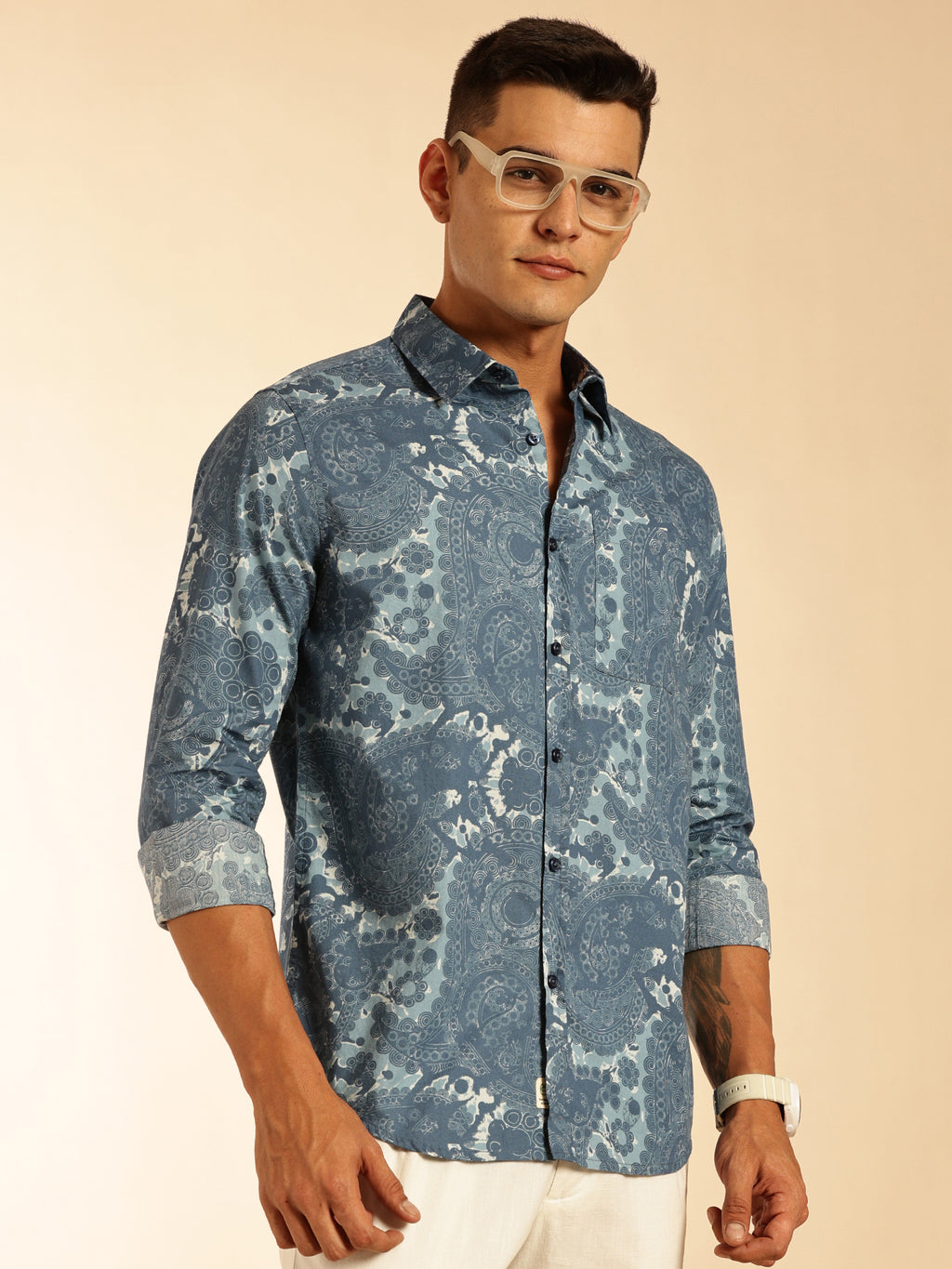 Thomas Scott Men Blue1 Regular Fit Long Sleeves Abstract Printed Pure Cotton Casual Shirt