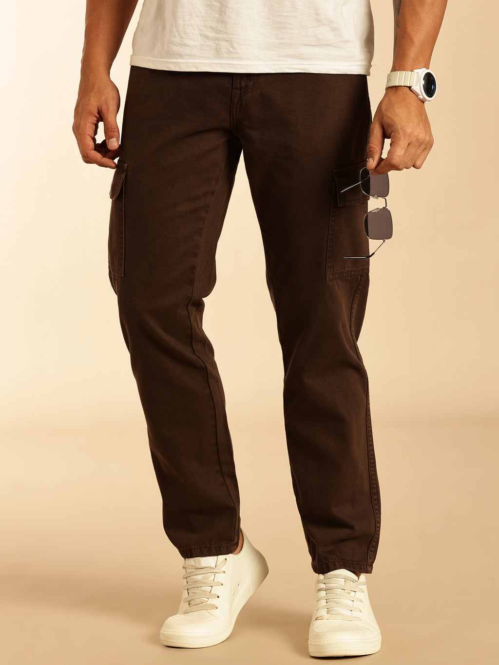 Thomas Scott Men Coffee Loose Fit Mid-Rise Non Stretchable Cargo Jeans