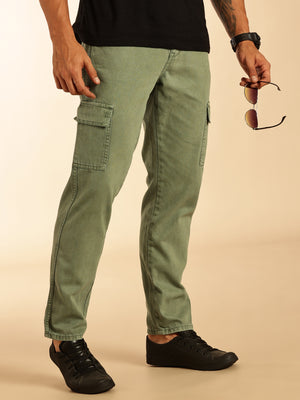 Light Olive Loose Fit Mid-Rise Non Stretchable Cargo Jeans For Men