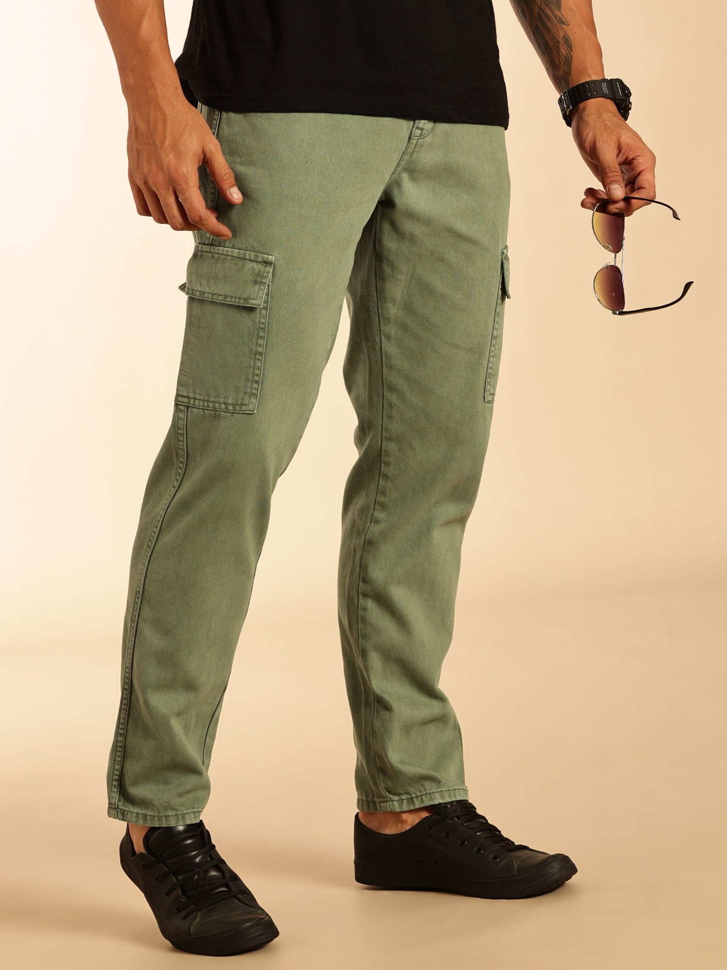 Thomas Scott Men Light Olive Loose Fit Mid-Rise Non Stretchable Cargo Jeans